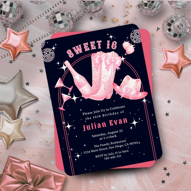 Invitation Foutaise marine bleu et rose doux 16 Anniversaire (Sparkle Cowgirl Navy Blue & Pink Sweet 16 Birthday Invitation)
