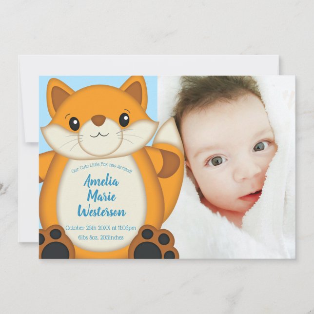 Invitation Fox Baby shower Blue Woodland (Devant)