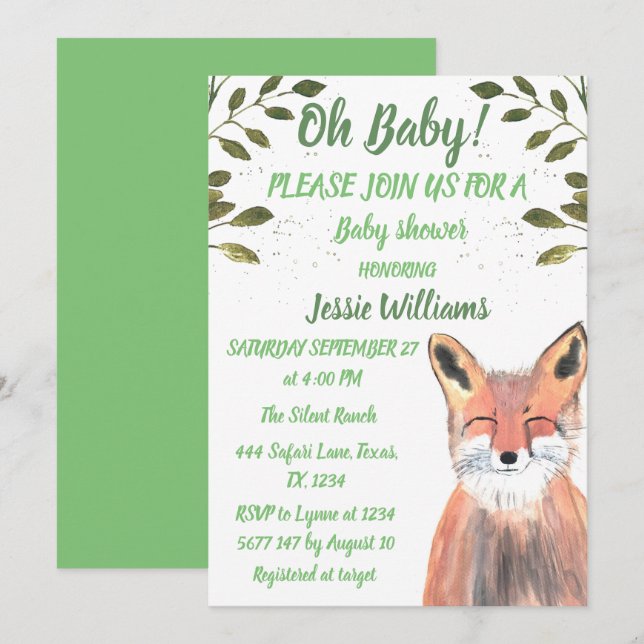 Invitation Fox Bois animaux Green Rustic Baby garçon douche (Devant / Derrière)