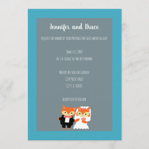Invitation Fox Bride Groom Cute Turquoise Grey Personnaliser 