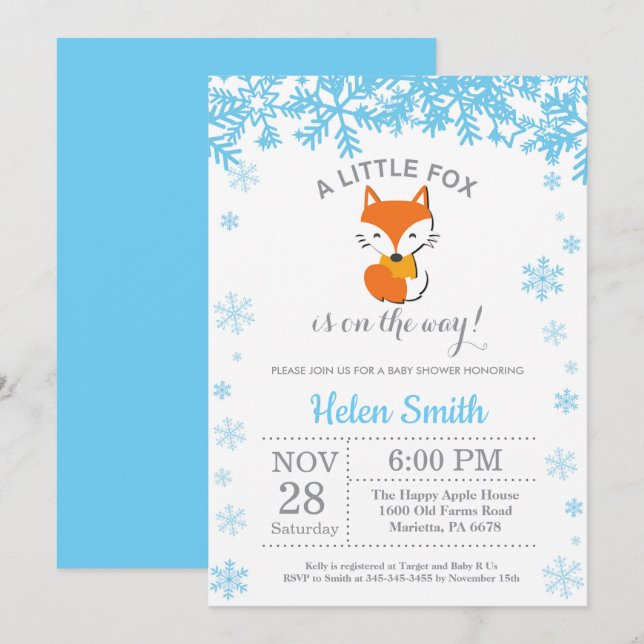 Invitation Fox Winter Blue Boy Baby shower Snowflake (Devant / Derrière)