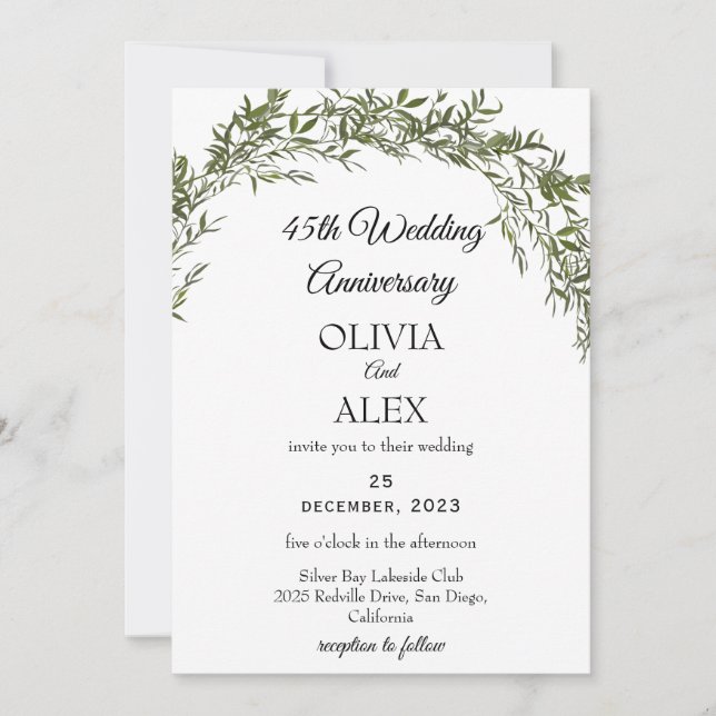 Invitation Fraîche Classique Verdure Mariage Anniversaire (Devant)