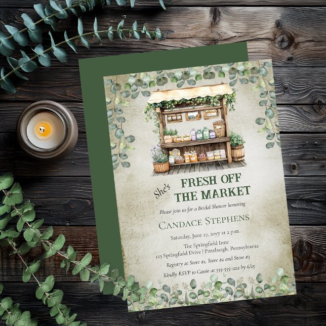 Invitation Fraîche De La Fête des mariées De Stand Farm ("She's Fresh Off The Market" Farm Stand and Eucalyptus Floral Rustic Farm Stand Bridal Shower Invite)