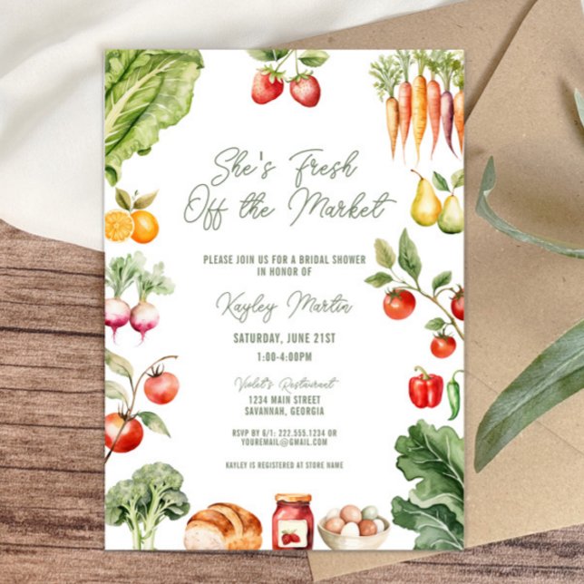 Invitation Fraîchement de la Fête des mariées du marché des a (She’s fresh off the market! rustic farmer’s market bridal shower invitation, vegetables, fruits)