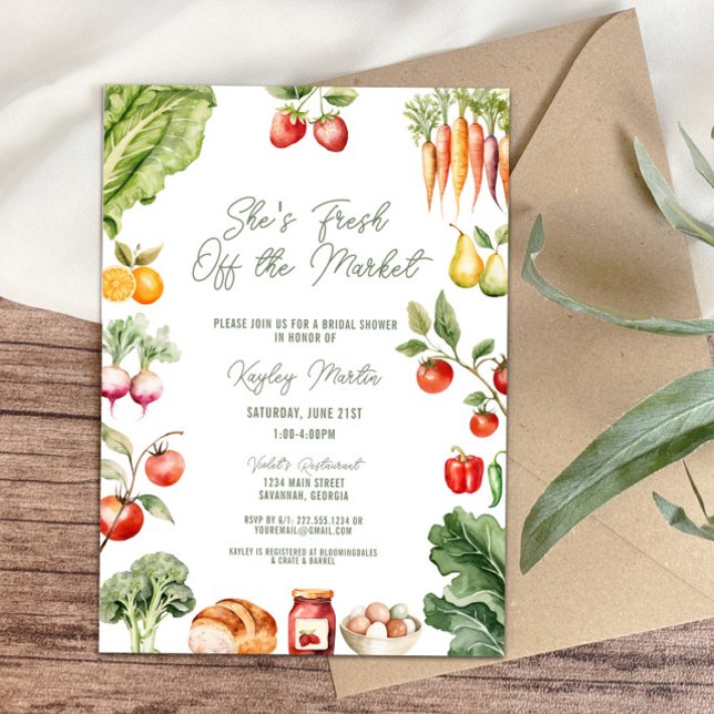 Invitation Fraîchement de la Fête des mariées du marché des a (She’s fresh off the market! rustic farmer’s market bridal shower invitation, vegetables, fruits)