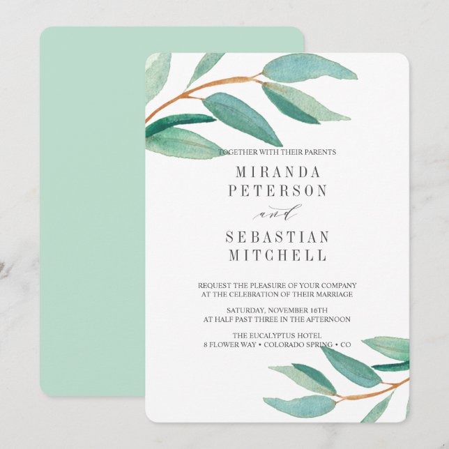 Invitation Fraîches Eucalyptus Branches Feuilles Mariage bota (Devant / Derrière)