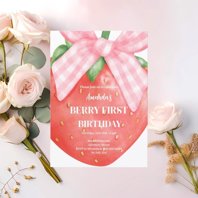 Invitation fraise 1er anniversaire baie première photo arc ro (Créateur téléchargé)