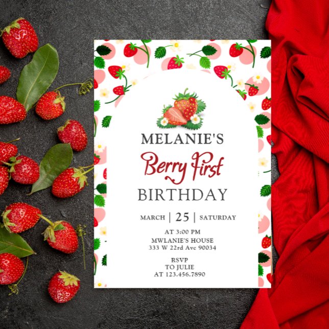 Invitation Fraise 1er anniversaire | Berry First (Girl Berry first birthday card invitation)