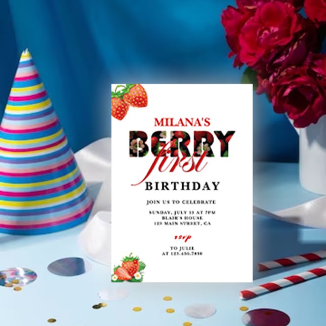 Invitation Fraise 1er anniversaire | Berry First (Berry first 1st Birthday invitation card mockup)