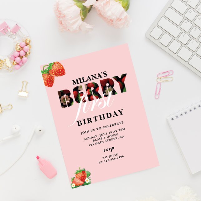 Invitation Fraise 1er anniversaire | Berry First (Pink Berry First strawberry invitation card)