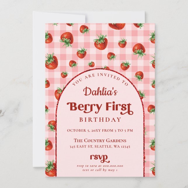 Invitation Fraise 1er anniversaire Berry First Photo (Devant)
