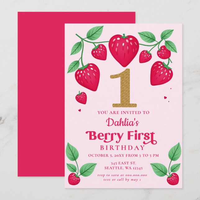 Invitation Fraise 1er anniversaire Berry Premier anniversaire (Devant / Derrière)