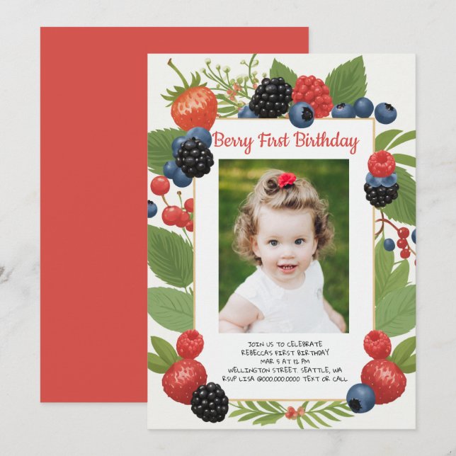 Invitation Fraise 1er anniversaire Berry Premier anniversaire (Devant / Derrière)
