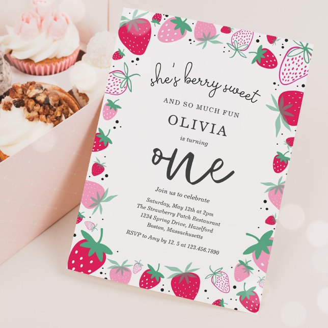 Invitation Fraise 1er anniversaire Berry Première fête d'anni (Créateur téléchargé)