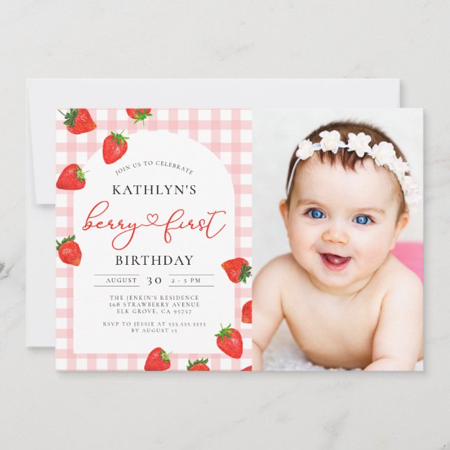 Invitation Fraise 1er anniversaire Berry rose Anniversaire Ph (Devant)