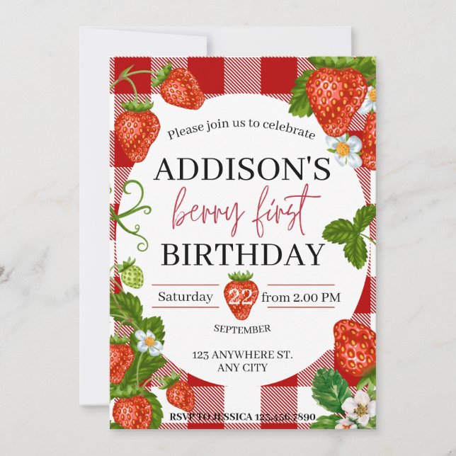 Invitation Fraise 1er anniversaire Berry Sweet (Devant)