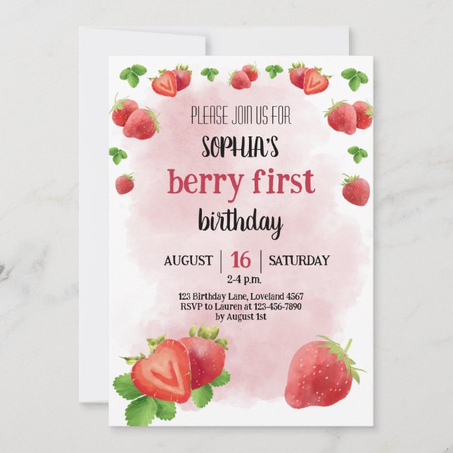 Invitation Fraise 1er anniversaire fête Berry Sweet (Devant)