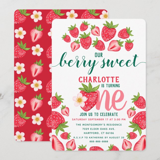 Invitation Fraise 1er Anniversaire Fête Berry Sweet Cute (Devant / Derrière)