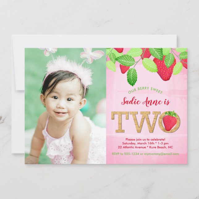 Invitation Fraise 2e anniversaire Aquarelle rose photo (Devant)