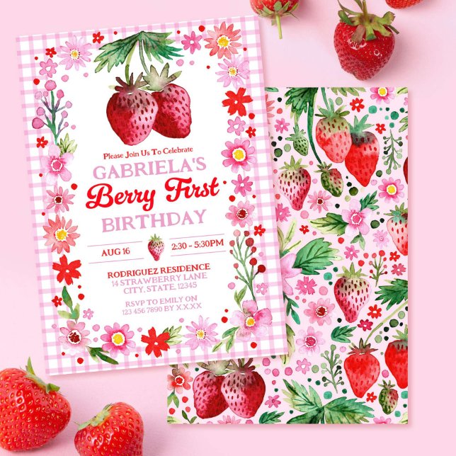 Invitation Fraise Berry Premier Anniversaire Aquarelle (Strawberry Berry First Birthday Watercolor Invitation)