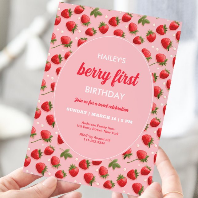 Invitation Fraise Berry Première fête d'anniversaire Invitati (Créateur téléchargé)