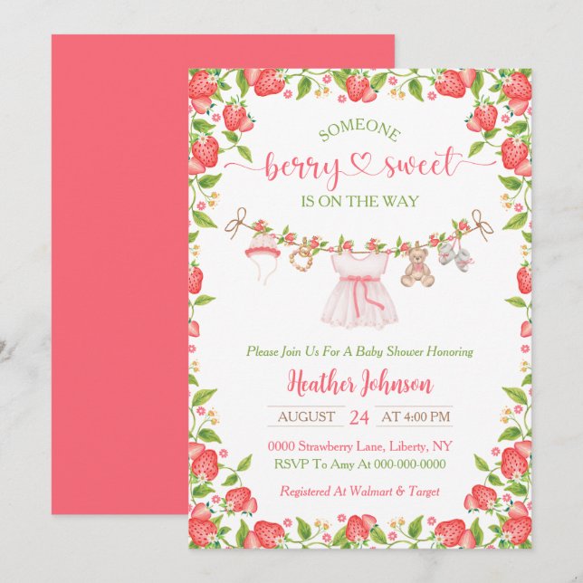 Invitation Fraise Berry Sweet Clothesline Baby shower (Devant / Derrière)