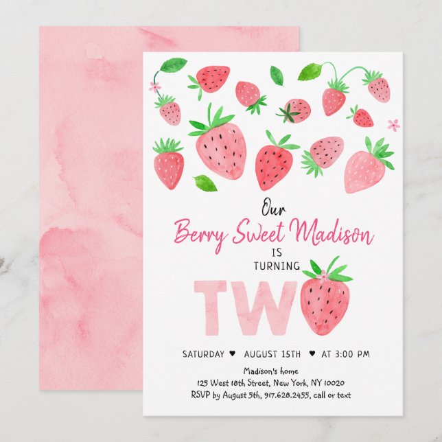 Invitation Fraise Berry Sweet Deuxième anniversaire (Devant / Derrière)