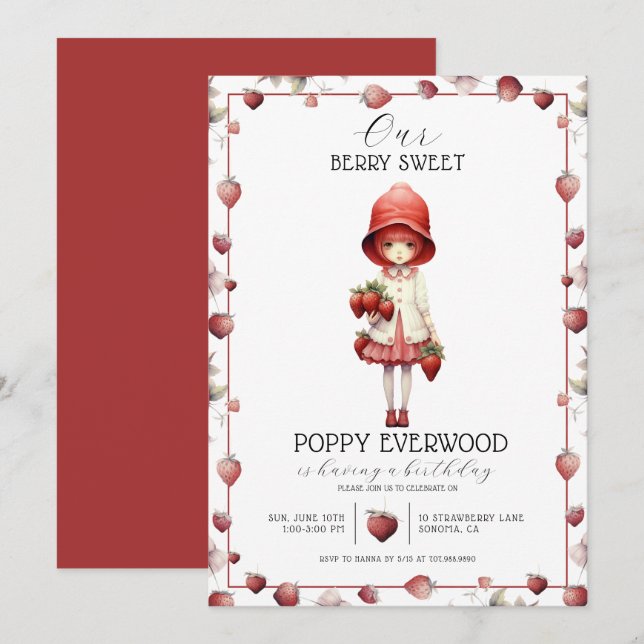 Invitation Fraise Berry Sweet Girl's Birthday Party (Devant / Derrière)