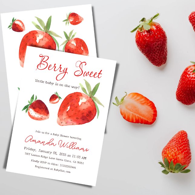 Invitation Fraise Berry Sweet Red Baby shower d'aquarelle rou (Créateur téléchargé)