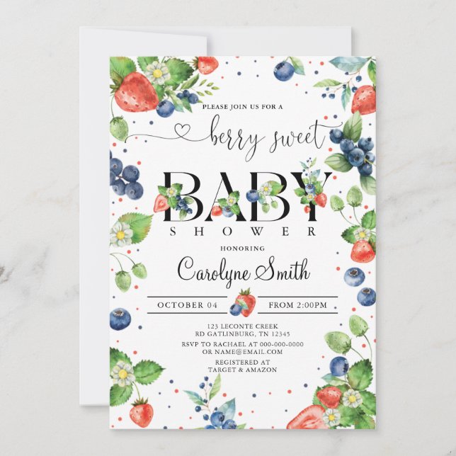 Invitation Fraise bleuet Berry Baby shower doux (Devant)
