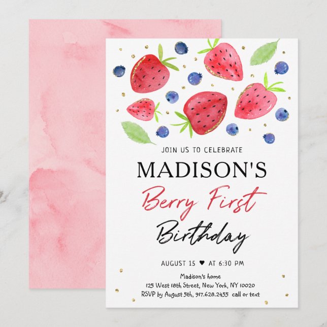 Invitation Fraise Bleuet Berry Premier anniversaire (Devant / Derrière)