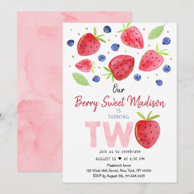 Invitation Fraise Bleuet Berry Sweet Deuxième anniversaire (Devant / Derrière)