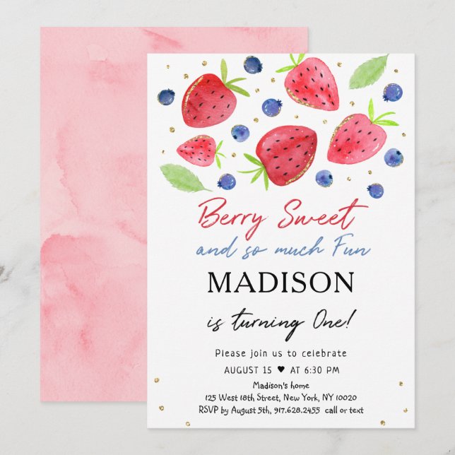 Invitation Fraise Bleuet Berry Sweet Premier anniversaire (Devant / Derrière)