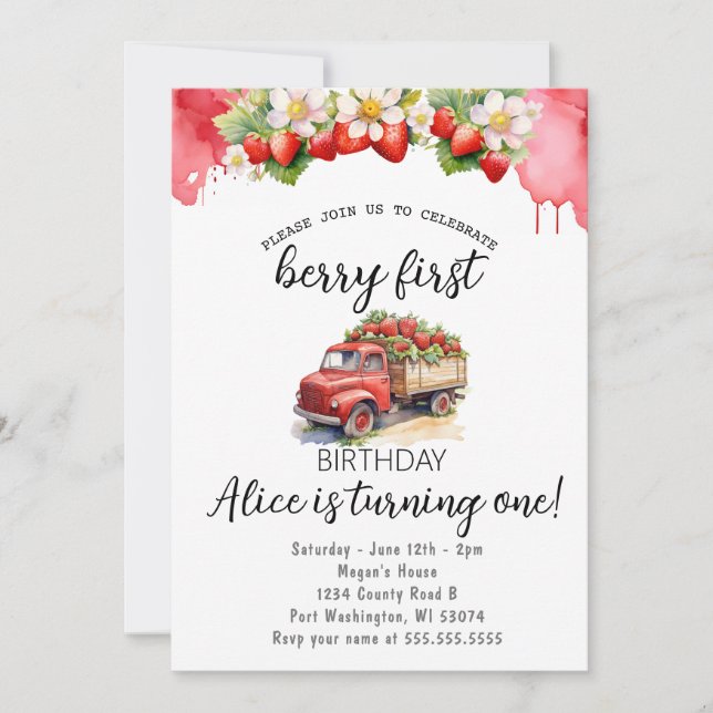 Invitation Fraise Camion Elegance Berry Premier anniversaire (Devant)
