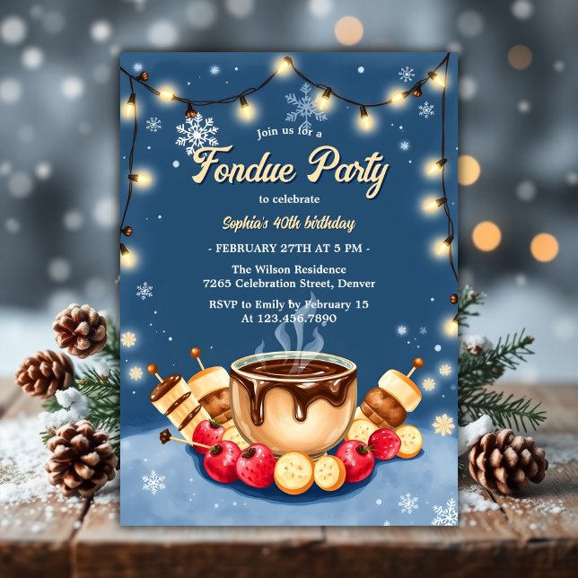 Invitation Fraise d'hiver Fondue de chocolat de fraise fête d (Watercolor Winter Strawberry Chocolate Fondue Birthday Party Invitation)