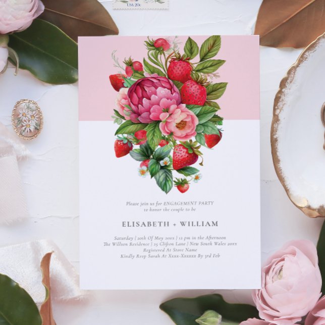 Invitation Fraise et pivoines Fête d'engagement d'été (Créateur téléchargé)