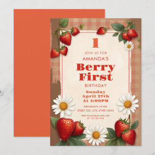 Invitation Fraise Gingham Rustique Anniversaire Daisie 1 an