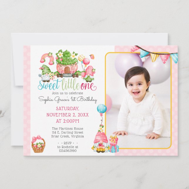 Invitation Fraise Gnome Little One 1er anniversaire Photo (Devant)