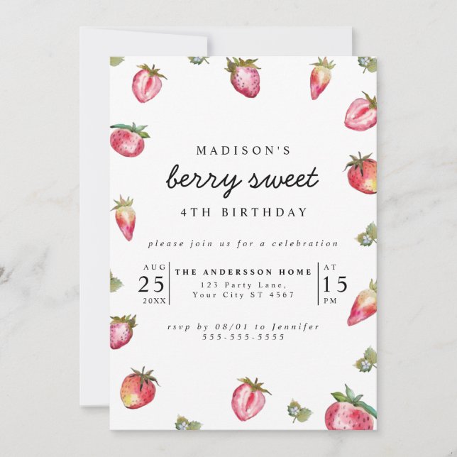 Invitation Fraise mignonne Fille d'anniversaire Berry Sweet (Devant)