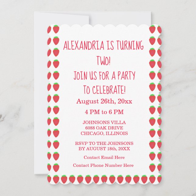 Invitation Fraise Motif Party Custom Age 2e anniversaire (Devant)