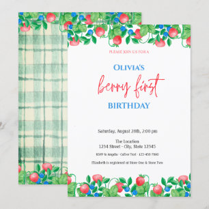 Invitation Fraise Myrtille Carreau Vert 1er Anniversaire