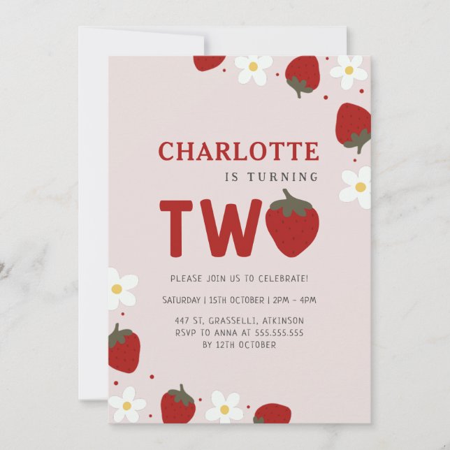 Invitation Fraise pâteuse gris clair 2e anniversaire d'été (Devant)