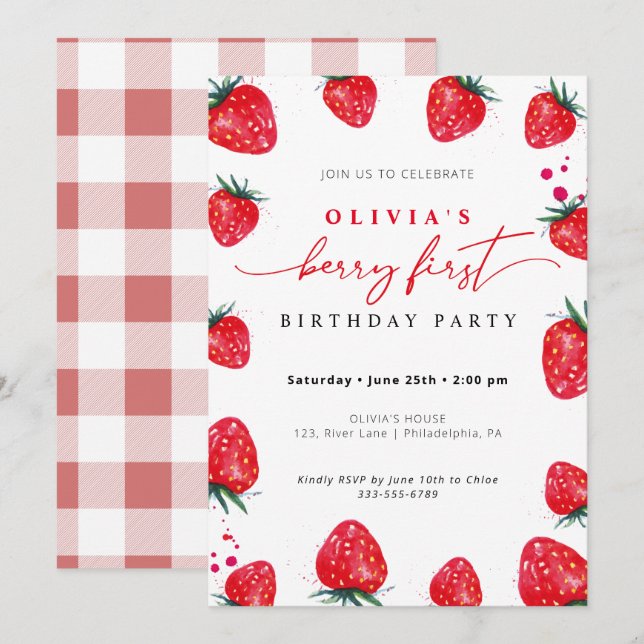 Invitation Fraise Premier anniversaire Printemps Été Invitati (Devant / Derrière)