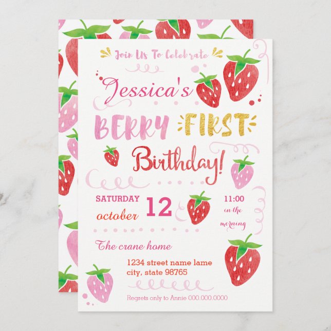 Invitation Fraise première fête d'anniversaire Berry Aquarell (Devant / Derrière)