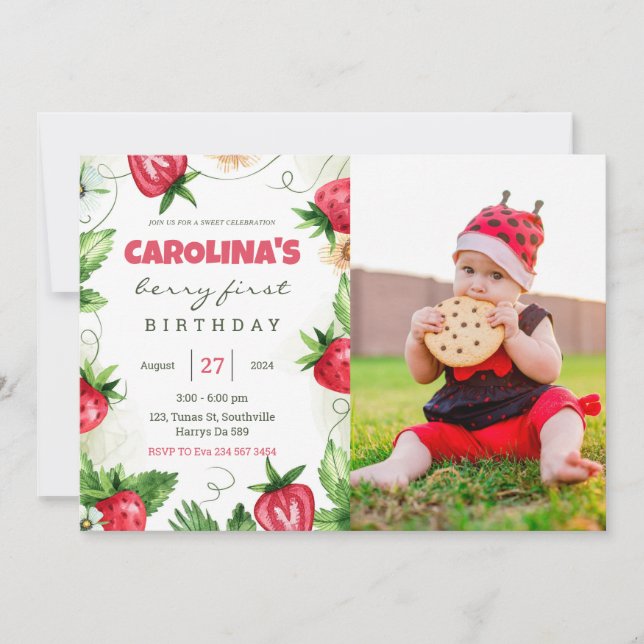 Invitation Fraise première photo Anniversaire (Devant)