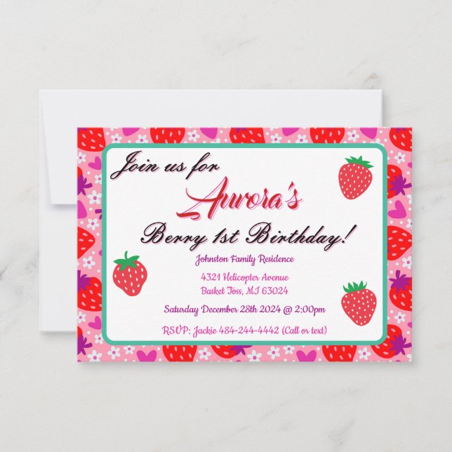 Invitation Fraise rose 1er anniversaire (Devant)
