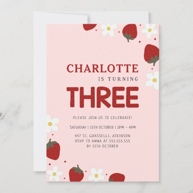 Invitation Fraise rose 3e anniversaire d'été (Devant)