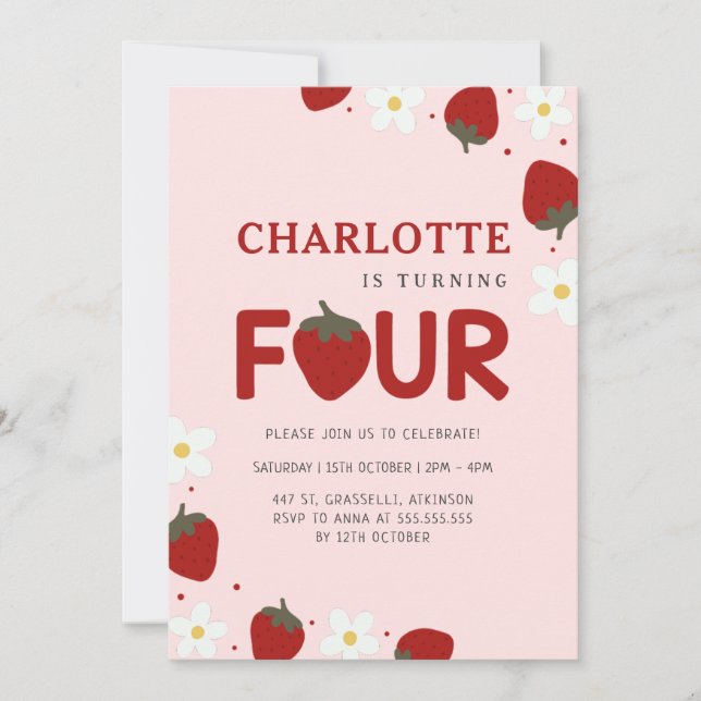 Invitation Fraise rose 4e anniversaire d'été (Devant)