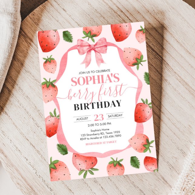 Invitation Fraise rose Berry Premier anniversaire fête (Pink Coquette Strawberry Berry First Birthday Party Invitation)