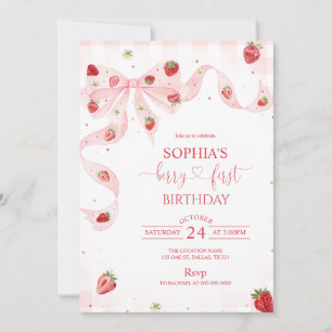 Invitation Fraise Rose Gingham Premier Anniversaire de la Pre